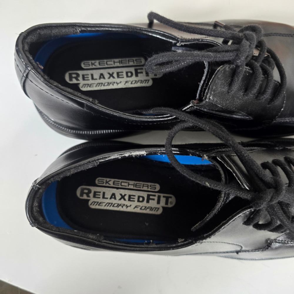 Skechers Leather Caswell Oxford Mens 10 Black Square Toe Memory Foam FLAWED - Picture 7 of 9